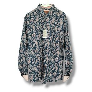 Consequence Mens Paisley Floral Shirt L Cotton Navy Pink Button Up Boho Retro